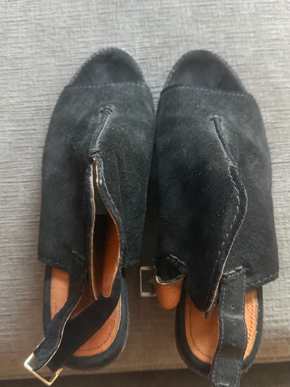 Frye Black Suede Open-Toe Slingback Sandals. Leather lined